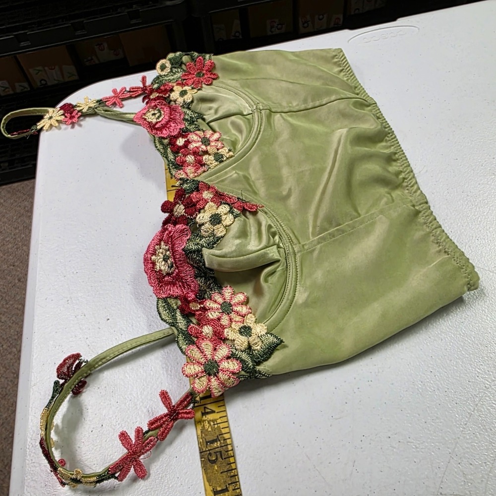 Fashion Nova Green Embroidered Corset Top S Satin Fairy Festival Rave Floral - Picture 7 of 12